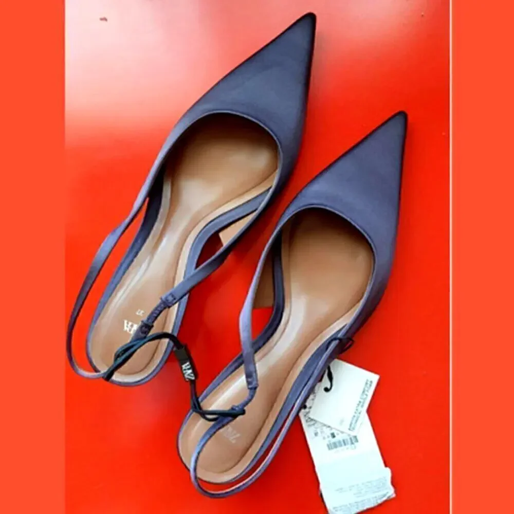Zara Anthracite Grey Kitten Heel Slingback Pumps Pointed Toe Chic Size 7.5 NWT - Picture 6 of 16